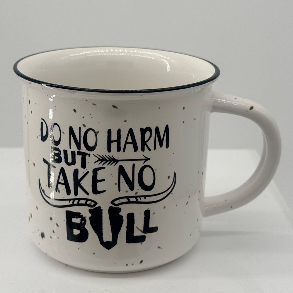 White Speckled Ceramic Mug with Bold Black Typography